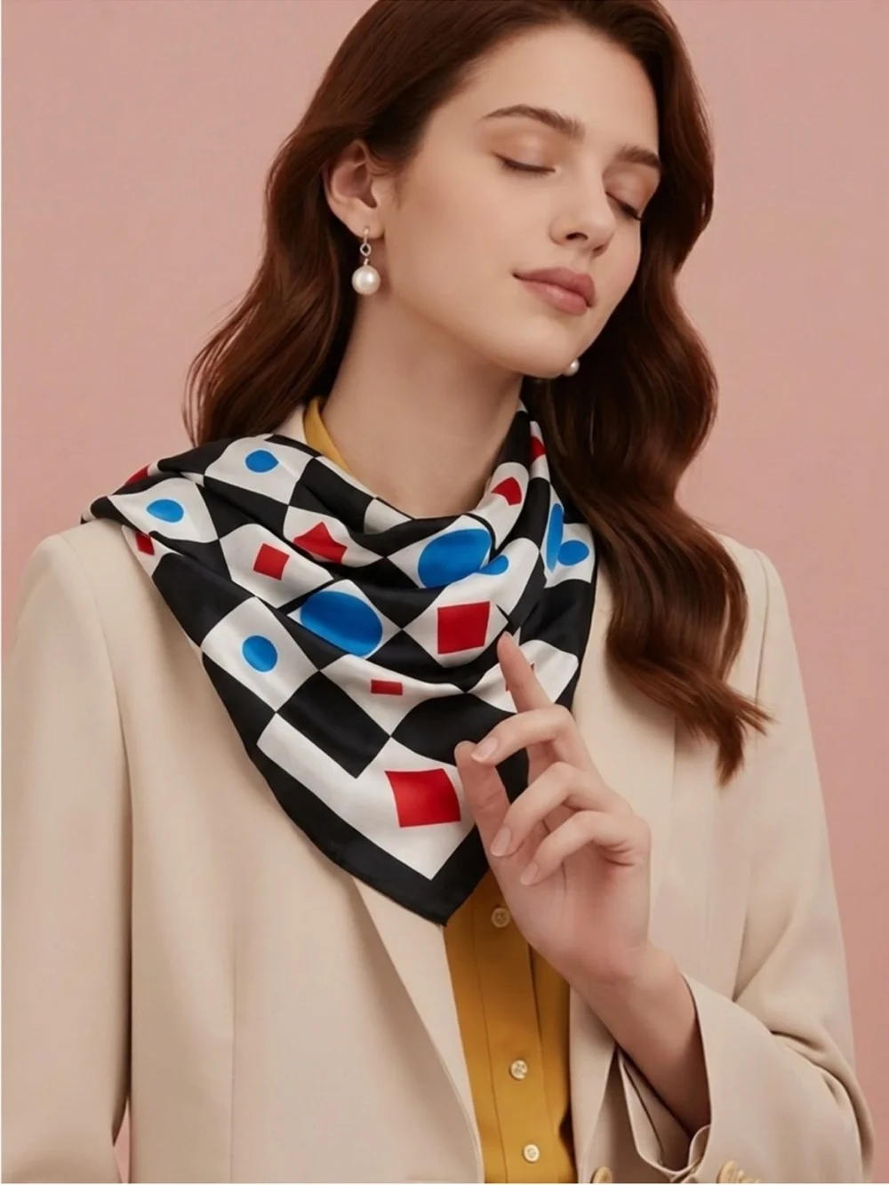 Jo Malone 100% Silk Scarf with Red and Blue Geometric Motif